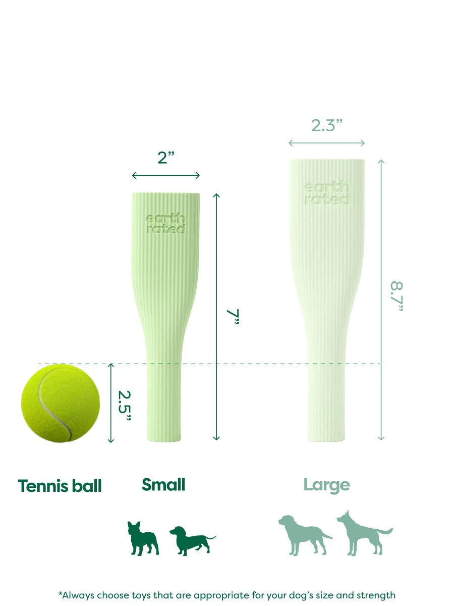 Sizing chart for Earth Rated Chew Toy, showing the available sizes for small and large dogs for an ideal fit.