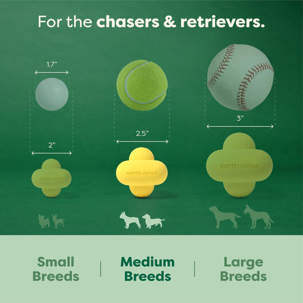 Sizing chart for Earth Rated Fetch Toy, showing suitable sizes for different breeds of dogs to ensure perfect fit and fun.