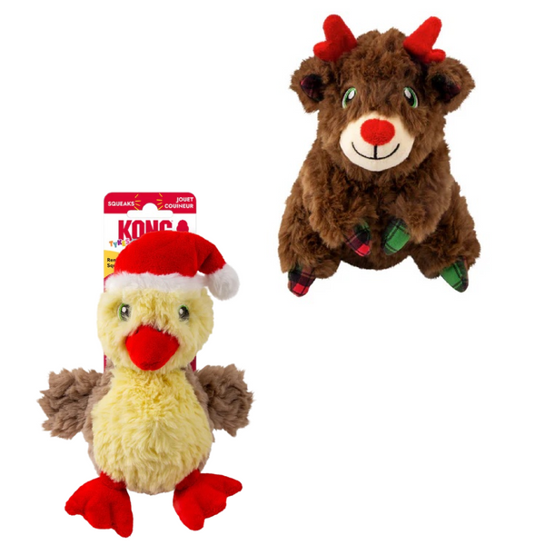 Front view of KONG Holiday Comfort Tykes showing duck and reindeer plush toys, highlighting soft construction, squeaks, crinkles, and pillowy bodies for playful interaction and cozy snuggle time.