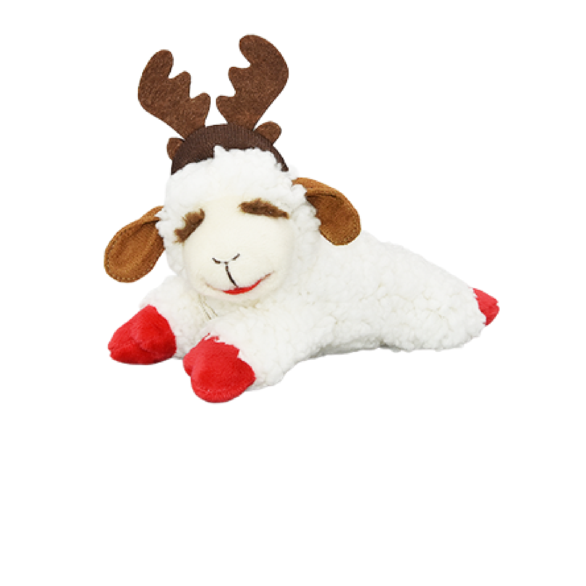 Multipet Holiday Lambchop with Antlers plush toy for dogs, showing soft, cuddly material with a built-in squeaker and festive antlers, providing interactive play, comfort, and seasonal fun for small and medium dogs.