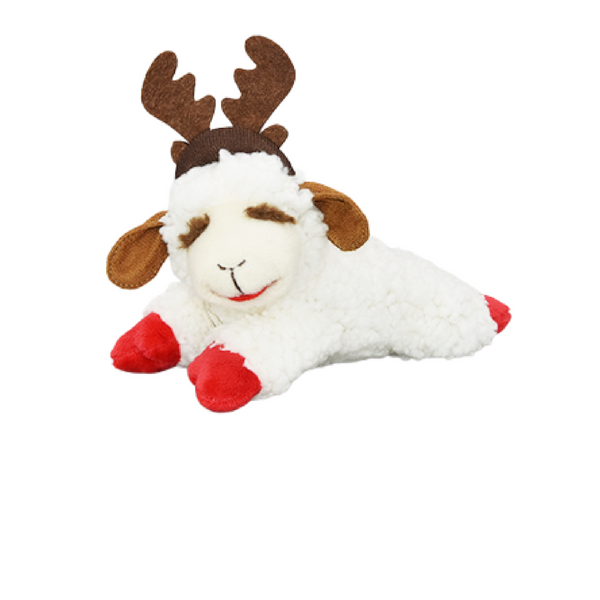 Multipet Holiday Lambchop with Antlers plush toy for dogs, showing soft, cuddly material with a built-in squeaker and festive antlers, providing interactive play, comfort, and seasonal fun for small and medium dogs.