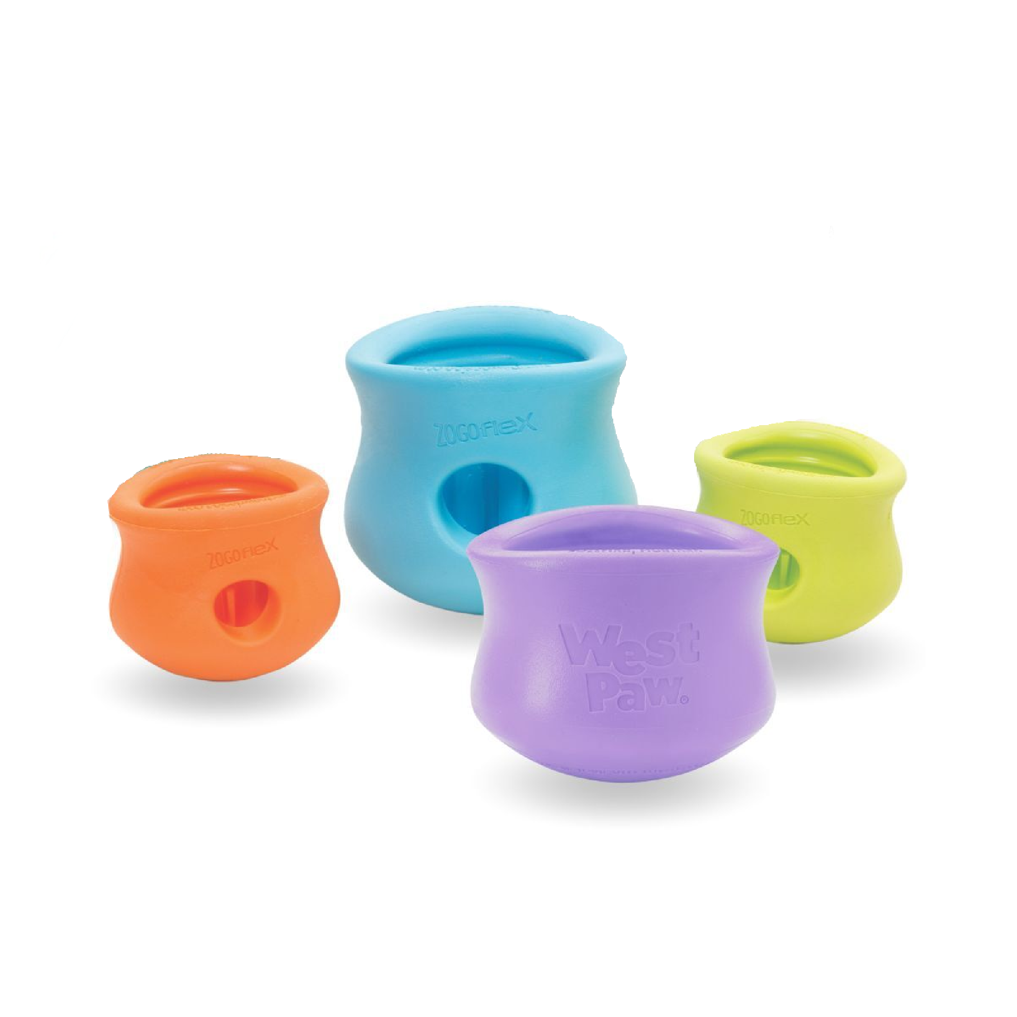The West Paw Toppl showing the different sizes and colours - orange, blue, green and lavender