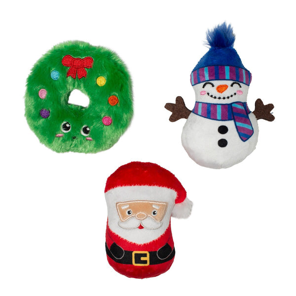 Front view of Fringe Studio’s "We Have Great Chemis-Tree" 3-piece dog toy set, featuring festive plush toys with squeakers and crinkle paper for interactive play.