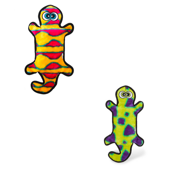 The two Outward Hound Gecko coloured toys side by side.