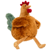 Close-up of Chandler the Chicken dog toy in a walking pose featuring floppy legs, ultra-soft plush fabric, durable Tuffweb™ mesh lining, and reinforced construction designed for tossing, carrying, chasing, and interactive play.