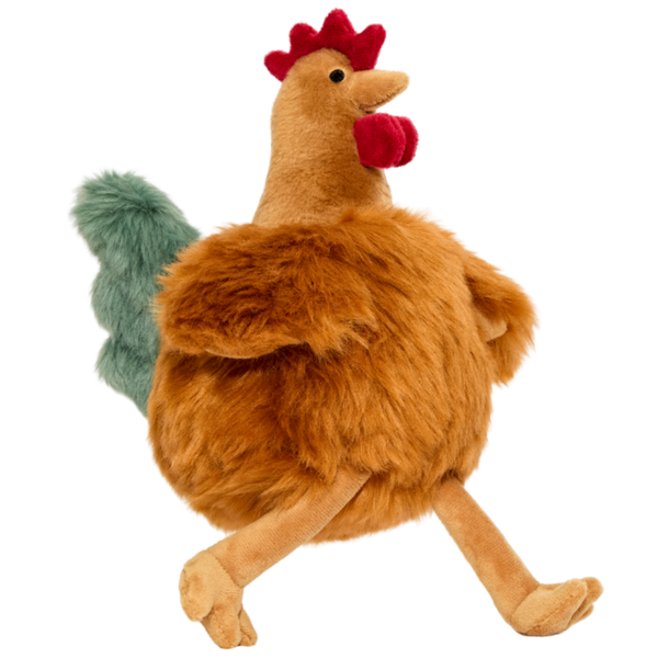 Close-up of Chandler the Chicken dog toy in a walking pose featuring floppy legs, ultra-soft plush fabric, durable Tuffweb™ mesh lining, and reinforced construction designed for tossing, carrying, chasing, and interactive play.