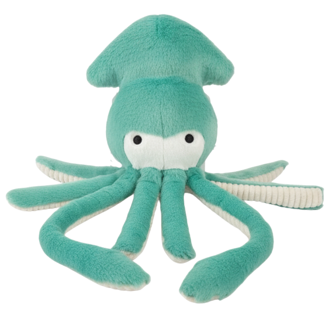 Close-up of Claude the Squid squeakerless dog toy showcasing his long flowing tentacles, ultra-soft plush fabric, reinforced Tuffweb™ mesh lining, embroidered safety details, and unique design that encourages shaking, fetching, carrying, and quiet interactive play for dogs.