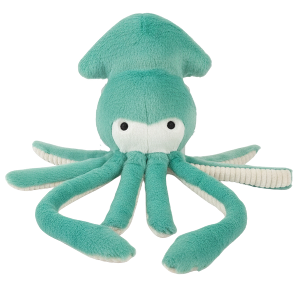 Close-up of Claude the Squid squeakerless dog toy showcasing his long flowing tentacles, ultra-soft plush fabric, reinforced Tuffweb™ mesh lining, embroidered safety details, and unique design that encourages shaking, fetching, carrying, and quiet interactive play for dogs.