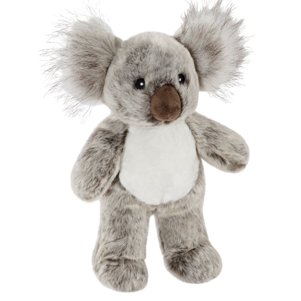Close-up of Doc the Koala plush dog toy featuring fuzzy ears, ultra-soft premium fabric, reinforced Tuffweb™ mesh lining, embroidered safety details, and durable construction designed for carrying, cuddling, enrichment, and interactive play.