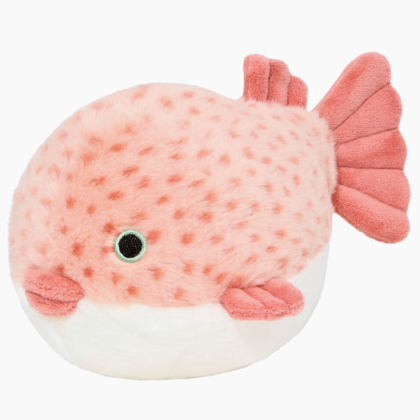 Close-up of Dottie the Puffer Fish plush dog toy featuring a rounded body, soft premium fabric, reinforced Tuffweb™ mesh lining, non-toxic fill, and durable construction designed for interactive play, carrying, and cuddling.