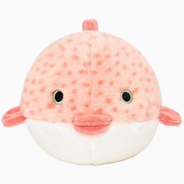 Front-facing close-up of Dottie the Puffer Fish dog toy showcasing embroidered safety details, plush textured exterior, durable double-stitched construction, and an easy-to-grab shape ideal for daily enrichment and play.