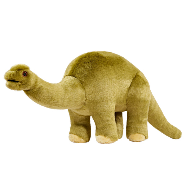 Close-up of Emily the Brontosaurus plush dog toy featuring an 18-inch body, long neck, sturdy tail, ultra-soft premium fabric, reinforced Tuffweb™ mesh lining, embroidered safety details, and durable construction designed for carrying, shaking, and cuddling.