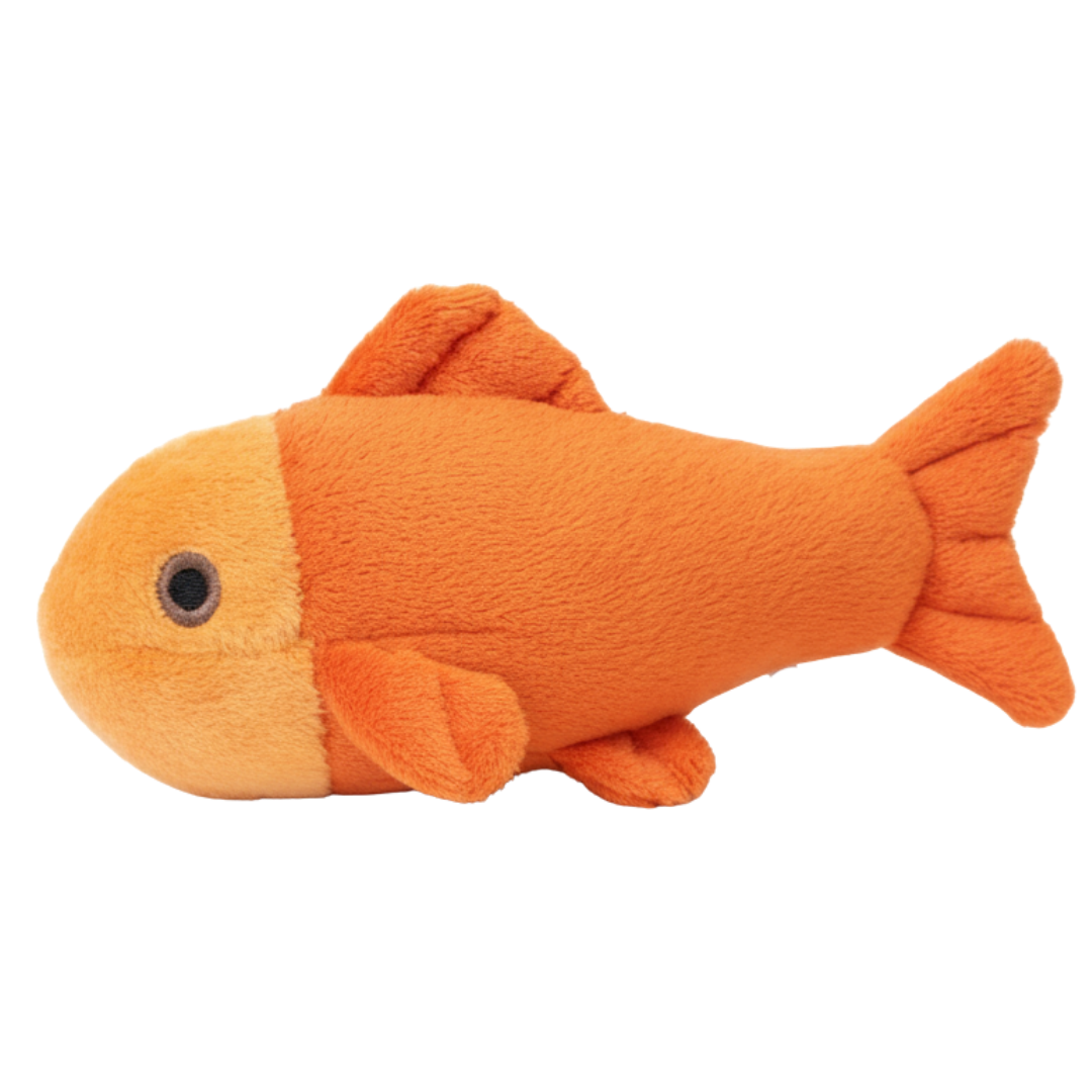 Close-up of Goldie the Fish squeakerless dog toy featuring an extra-small lightweight design, ultra-soft plush fabric, reinforced Tuffweb™ mesh lining, embroidered safety details, and a compact shape perfect for puppies, toy breeds, senior dogs, and gentle everyday play.