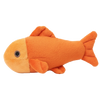 Close-up of Goldie the Fish squeakerless dog toy featuring an extra-small lightweight design, ultra-soft plush fabric, reinforced Tuffweb™ mesh lining, embroidered safety details, and a compact shape perfect for puppies, toy breeds, senior dogs, and gentle everyday play.