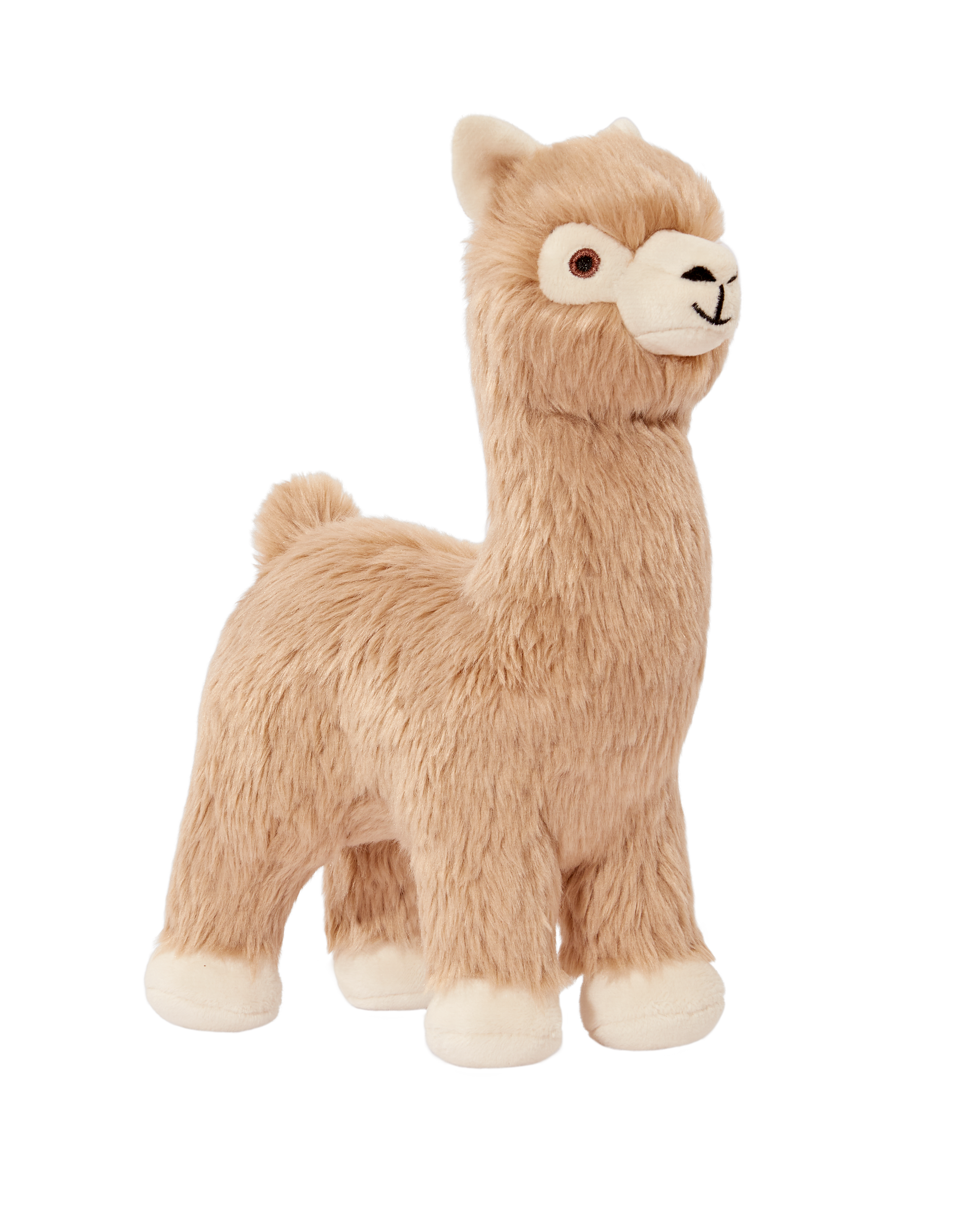 Close-up of Inca the Alpaca plush dog toy featuring an ultra-soft fluffy coat, long neck, reinforced Tuffweb™ mesh lining, embroidered safety details, and durable construction designed for tugging, carrying, cuddling, and interactive play.
