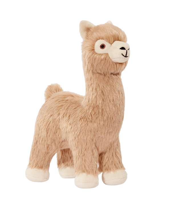 Close-up of Inca the Alpaca plush dog toy featuring an ultra-soft fluffy coat, long neck, reinforced Tuffweb™ mesh lining, embroidered safety details, and durable construction designed for tugging, carrying, cuddling, and interactive play.