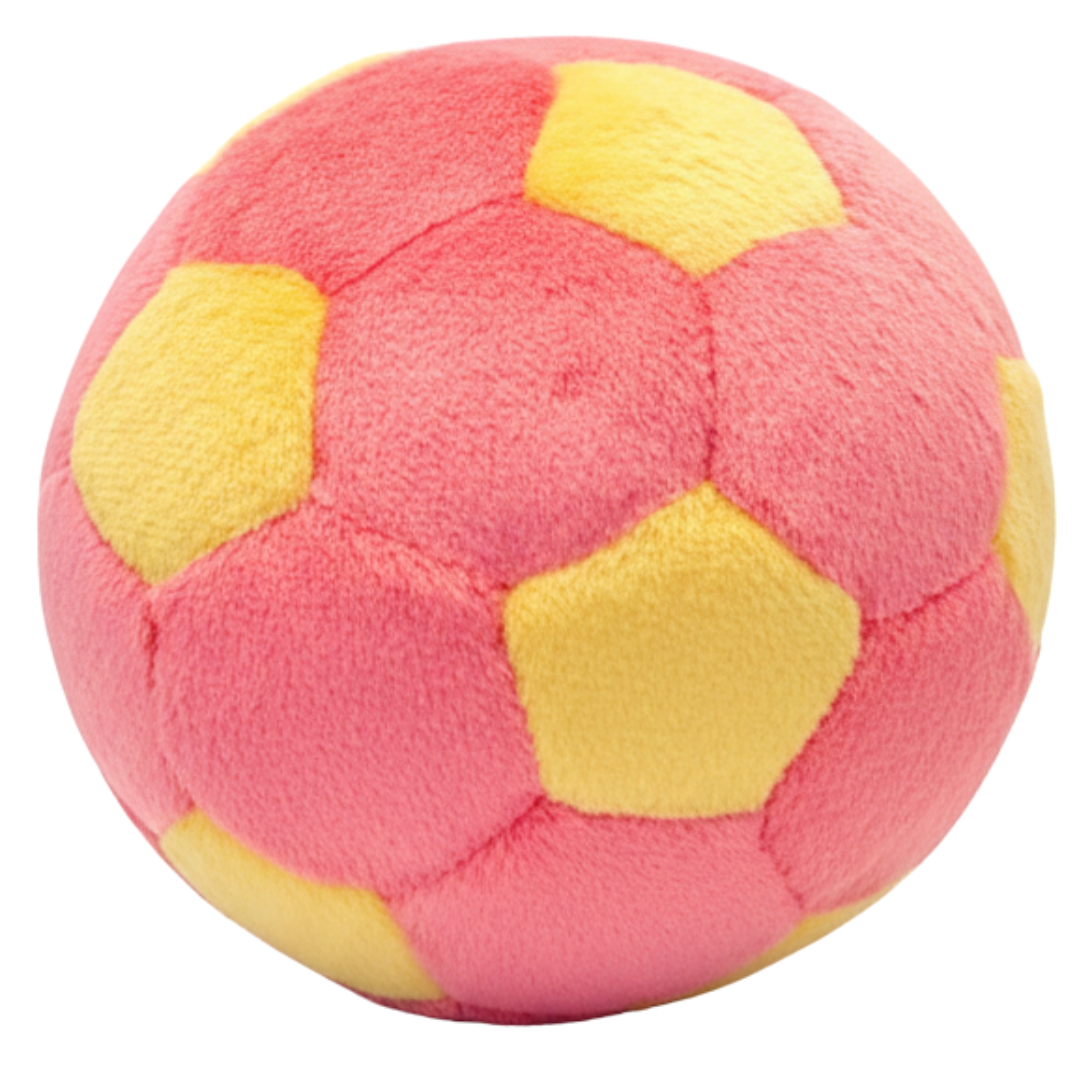 Close-up of the Fluff & Tuff Lemonade Soccer Ball dog toy featuring a soft plush exterior, durable Tuffweb™ mesh reinforcement, round soccer-inspired shape, non-toxic filling, and interactive design that encourages chasing, retrieving, exercise, and active play for dogs.