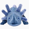 Front-facing close-up of Millie the Axolotl dog toy highlighting embroidered safety details, distinctive axolotl gills, plush texture, double-stitched seams, and a large easy-to-grab design for interactive play and enrichment.