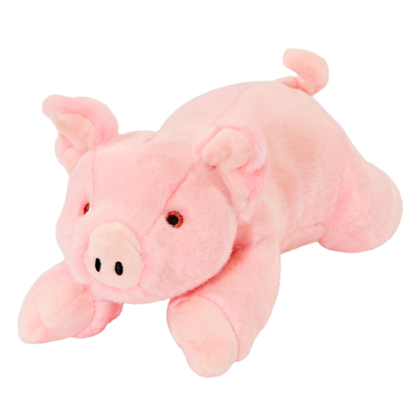 Close-up of Petey the Pig plush dog toy featuring ultra-soft premium fabric, reinforced Tuffweb™ mesh lining, embroidered safety details, non-toxic filling, and a durable farm-inspired design perfect for fetching, carrying, cuddling, and interactive play.