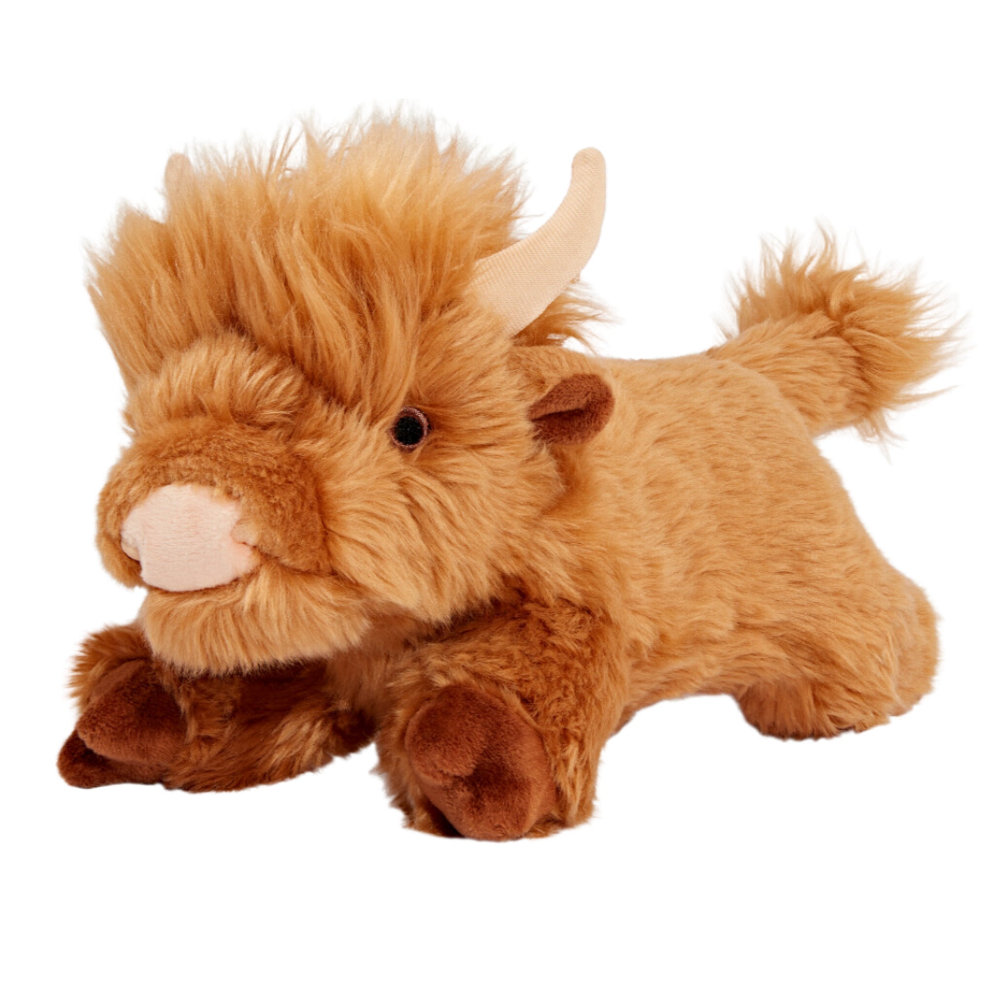 Close-up of Shaggy the Highland Cow plush dog toy featuring a shaggy coat design, ultra-soft premium fabric, reinforced Tuffweb™ mesh lining, embroidered safety details, and durable construction designed for carrying, cuddling, and interactive play.