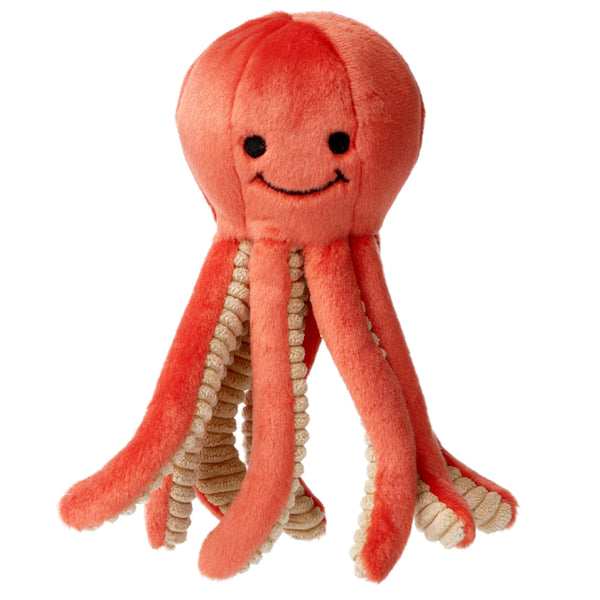 Close-up of Squirt the Octopus plush dog toy featuring eight floppy tentacles, ultra-soft premium fabric, reinforced Tuffweb™ mesh lining, embroidered safety details, and a small size designed for puppies, small breeds, carrying, shaking, and interactive play.