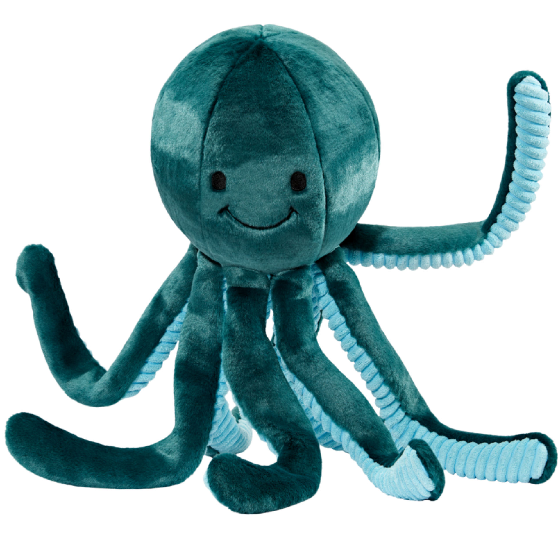 Close-up of Stevie the Octopus plush dog toy featuring eight long legs, ultra-soft premium fabric, durable Tuffweb™ mesh reinforcement, embroidered safety details, and an extra-large design that encourages shaking, fetching, carrying, and interactive play for dogs of all sizes.