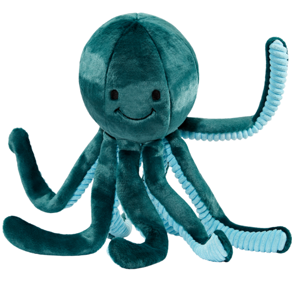 Close-up of Stevie the Octopus plush dog toy featuring eight long legs, ultra-soft premium fabric, durable Tuffweb™ mesh reinforcement, embroidered safety details, and an extra-large design that encourages shaking, fetching, carrying, and interactive play for dogs of all sizes.