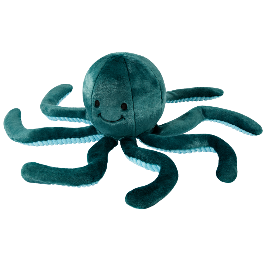 Front-facing view of Stevie the Octopus dog toy showcasing its playful octopus design with legs sprawled out, embroidered eyes, reinforced double-stitched construction, non-toxic filling, and eight floppy tentacles that create exciting movement during games of fetch, tug, and independent play.