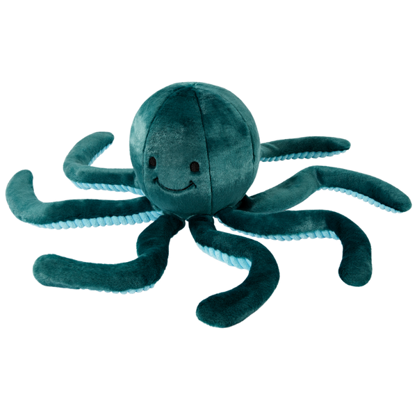 Front-facing view of Stevie the Octopus dog toy showcasing its playful octopus design with legs sprawled out, embroidered eyes, reinforced double-stitched construction, non-toxic filling, and eight floppy tentacles that create exciting movement during games of fetch, tug, and independent play.