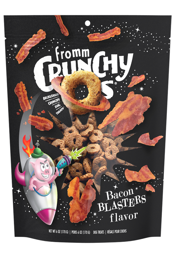 Front view of Fromm Crunchy O's Bacon Blaster bag showcasing bacon-flavoured treats.