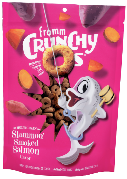 Front view of Fromm Crunchy O's Slammon' Smoked Salmon bag showing smoky salmon treats.