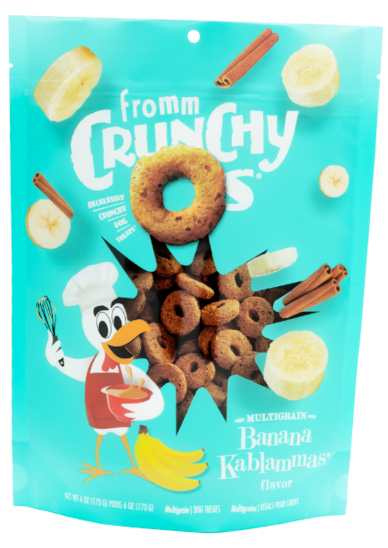 Front view of Fromm Crunchy O's Banana Kablammas bag showing crunchy banana treats.