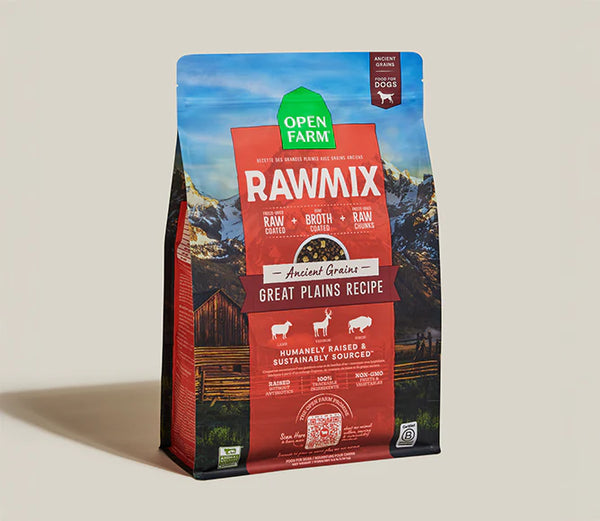 Front of bag showing premium dog food made with pasture-raised lamb, venison and bison, featuring freeze-dried raw coating and ancient grains for complete, poultry-free nutrition supporting digestion and muscle health