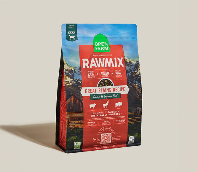 Front-facing bag showcasing a grain-free, multi-protein dog food made with lamb, venison, and bison, highlighting freeze-dried raw chunks, beef bone broth coating, and complete balanced nutrition for dogs with poultry sensitivities