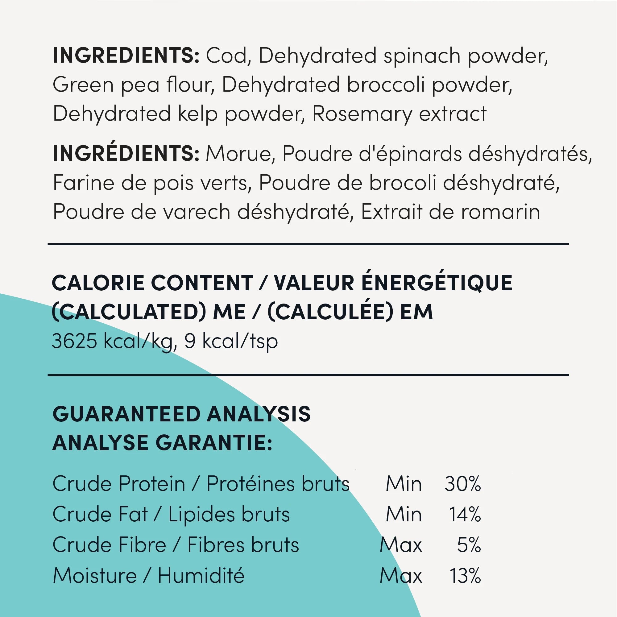 Ingredient list for Crumps Naturals Fish & Superfood Greens Dog Food Topper featuring omega-rich fish, spinach, broccoli, kelp, and rosemary extract – wholesome, natural ingredients that promote muscle health and vitality