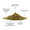 Close-up of Fish & Superfood Greens dog food topper sprinkles with arrows highlighting key benefits: omega-rich fish for skin and coat health, super greens for vitamins and minerals, and rosemary extract antioxidants for whole-body wellness