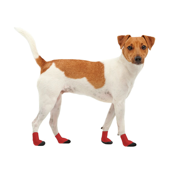 Goo-Eeez Lites red dog boots on a dog outdoors, highlighting the flexible fit, anti-slip sole, and supportive gel padding for all-season paw protection.
