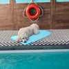 Dog Laying on the Goo-Eez cooling mat for dogs near pool keeping cool this summer.  This innovative mat activates with your dog’s body heat, delivering immediate, long-lasting cooling relief without the hassle of water, electricity, or refrigeration.