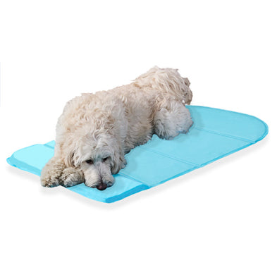 Keep your dog cool and comfortable all summer long with the Goo-Eez Cooling Mat – the ultimate warm-weather essential for pet parents who prioritize their dog’s comfort and health. This innovative mat activates with your dog’s body heat, delivering immediate, long-lasting cooling relief without the hassle of water, electricity, or refrigeration.  Photo showing a dog laying on the Goo-Eez Cooling Mat for Dogs