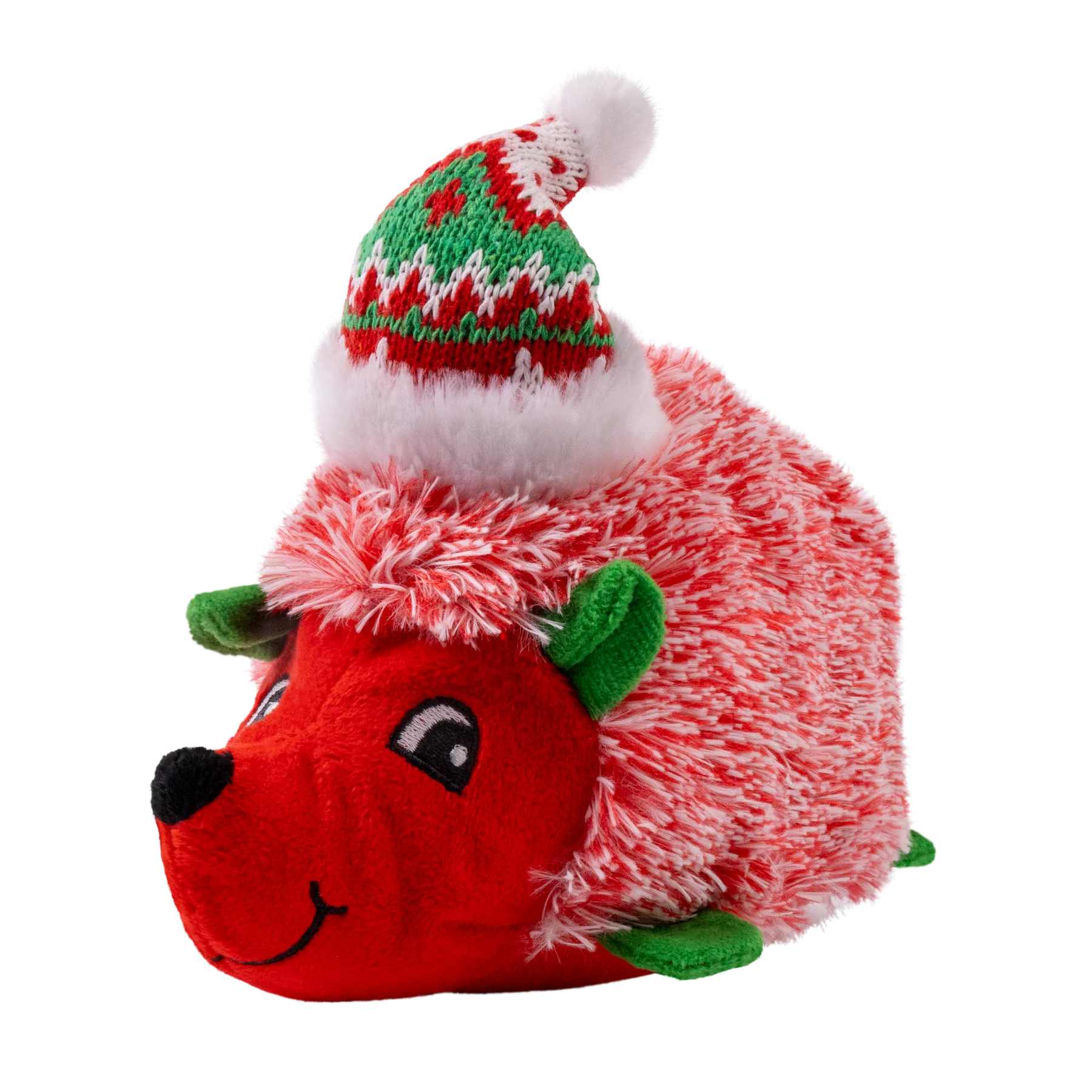 Side view of the red KONG Holiday Comfort HedgeHug showcasing its fluffy fur, durable stitching, and built-in squeaker that keeps dogs engaged while providing cozy comfort during holiday playtime.