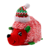 Side view of the red KONG Holiday Comfort HedgeHug showcasing its fluffy fur, durable stitching, and built-in squeaker that keeps dogs engaged while providing cozy comfort during holiday playtime.