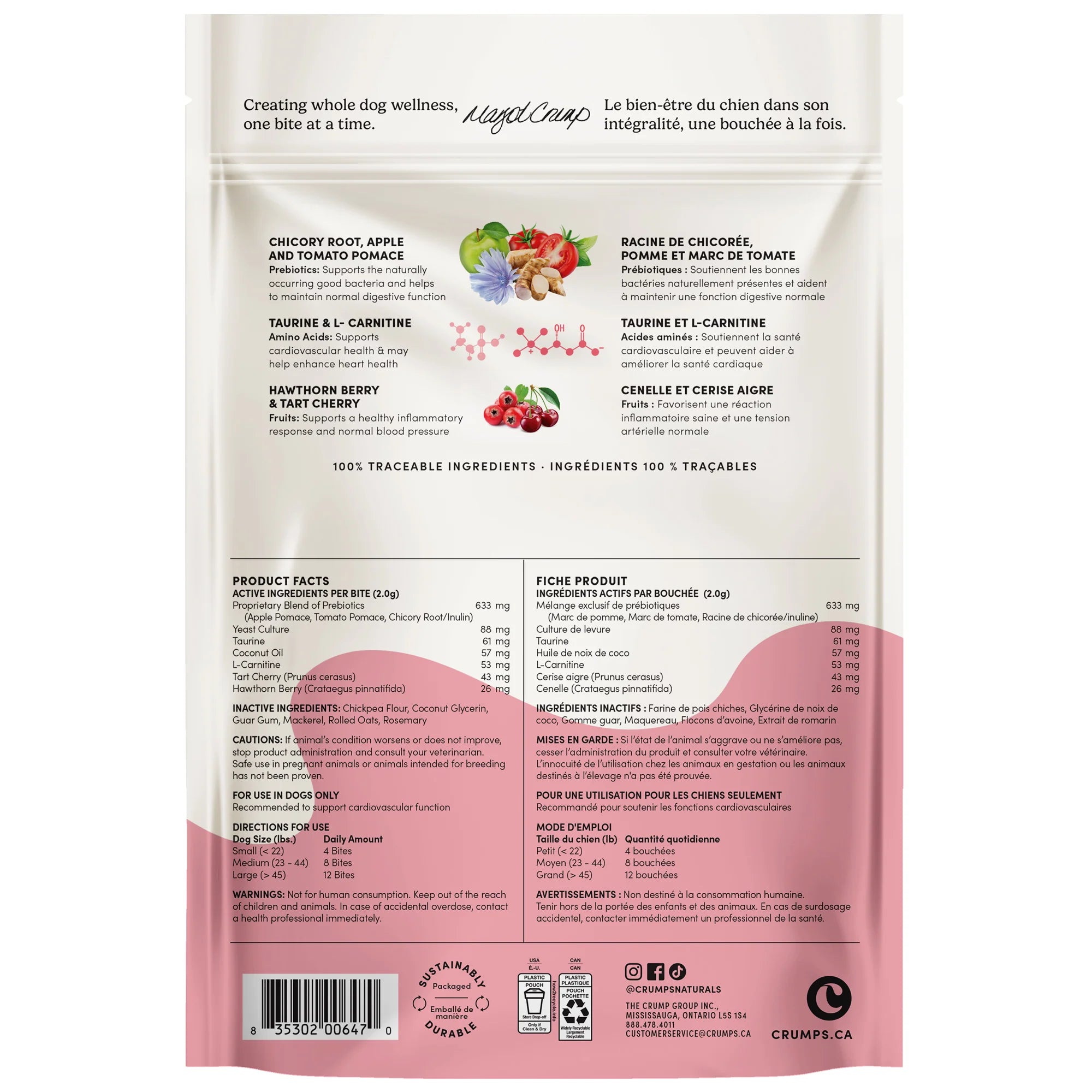 Back label of Crumps Naturals Heart Healthy Bites showing feeding guidelines and nutritional information for these heart-health dog treats, which also contain a proprietary prebiotic blend for gut health and overall vitality