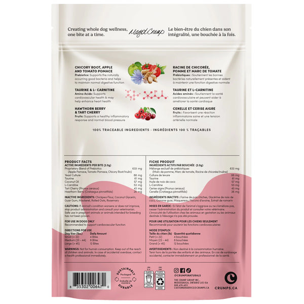 Back label of Crumps Naturals Heart Healthy Bites showing feeding guidelines and nutritional information for these heart-health dog treats, which also contain a proprietary prebiotic blend for gut health and overall vitality
