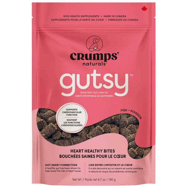 Crumps Naturals Gutsy Heart Healthy Bites dog treats packaging – functional cardiovascular support treats with Taurine, L-Carnitine, Hawthorn Berry, and Tart Cherry to keep your dog's heart strong and thriving