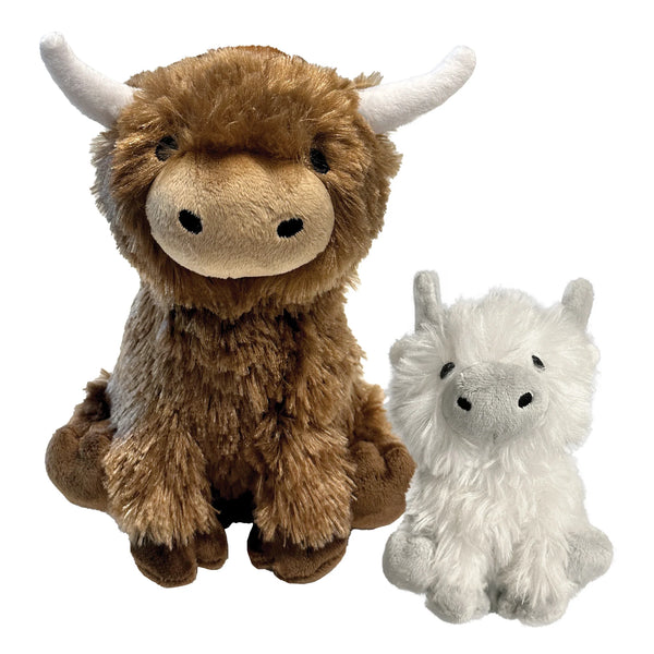 Image of the small cream and large brown Highland Cow Plushies side by side showing plush textures, ideal for gentle chewers and cuddly dogs of all sizes.