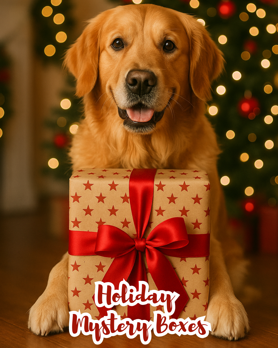 A golden retriever sits proudly beside a wrapped Christmas gift, symbolizing the excitement and joy of our Holiday Mystery Dog Boxes that deliver fun, enrichment, and festive cheer to dogs across Canada.