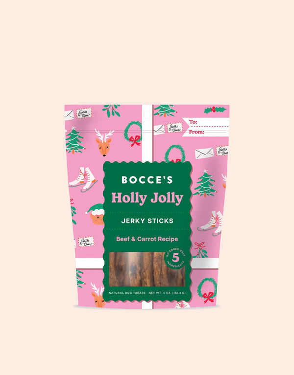 Front of Bocce's Bakery Holly Jolly Jerky bag showing festive beef and carrot jerky sticks, crafted with five natural ingredients for a healthy dog treat.