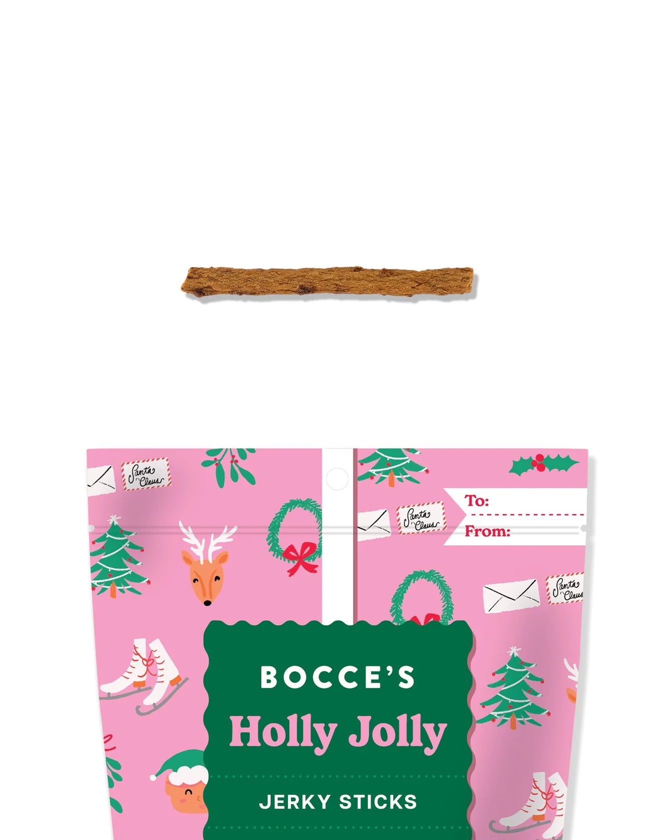 Close-up of Bocce's Bakery Holly Jolly Jerky sticks showing chewy texture and visible carrot bits for a tasty, natural dog treat.