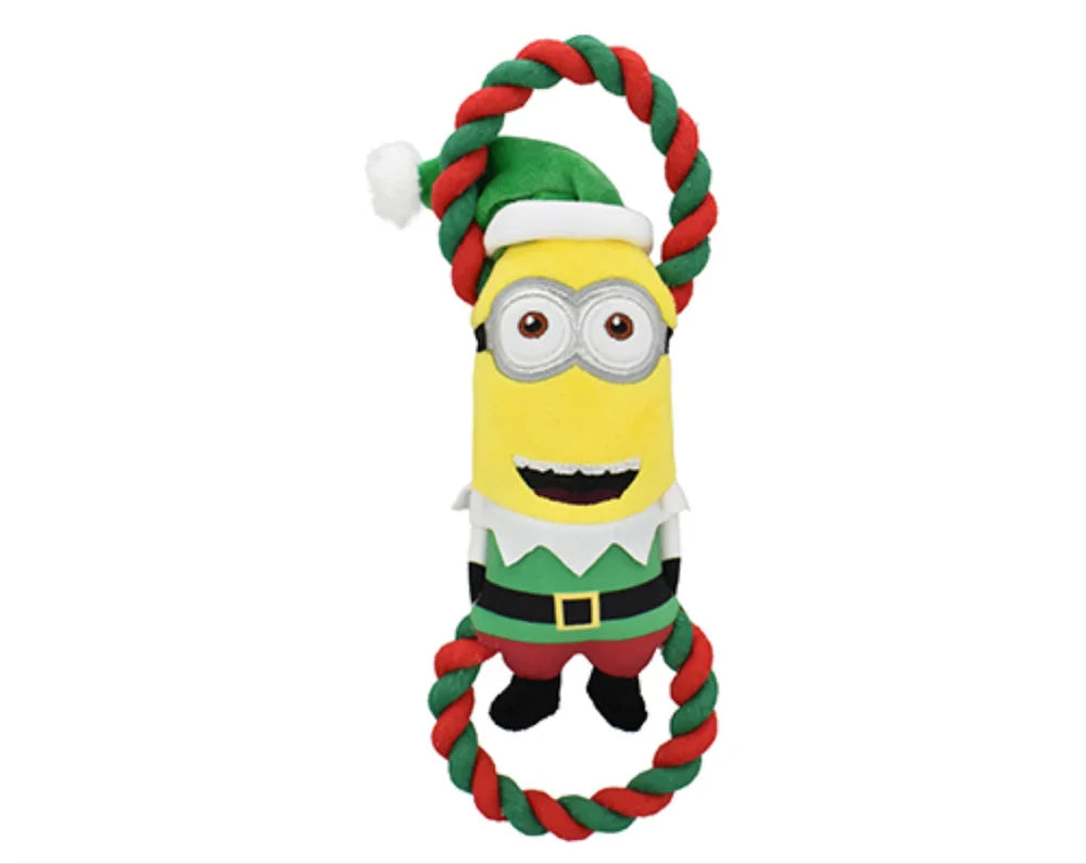 Multipet Holiday Minions Kevin the Elf tug toy for dogs – a festive interactive dog toy designed for tugging, tossing, and chewing, featuring built-in squeakers for exciting play and official Minions holiday styling with elf costume charm