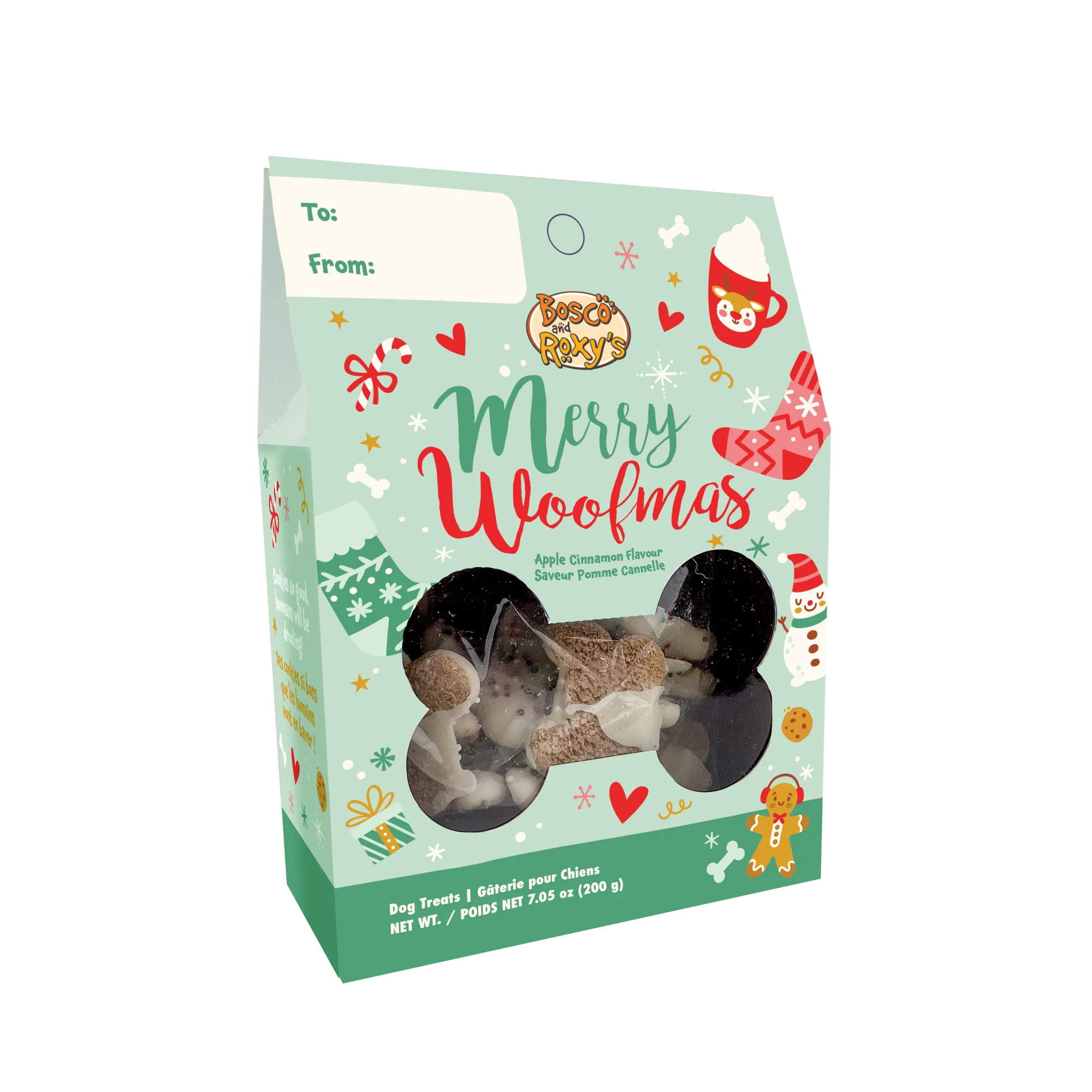 Front of the box of Bosco & Roxy Sprinkles Small Bones showing apple cinnamon-flavorued small bone-shaped treats topped with white icing and red, white, and green sprinkles; highlights the festive design, seasonal flavour, and ideal size for rewarding or snacking.